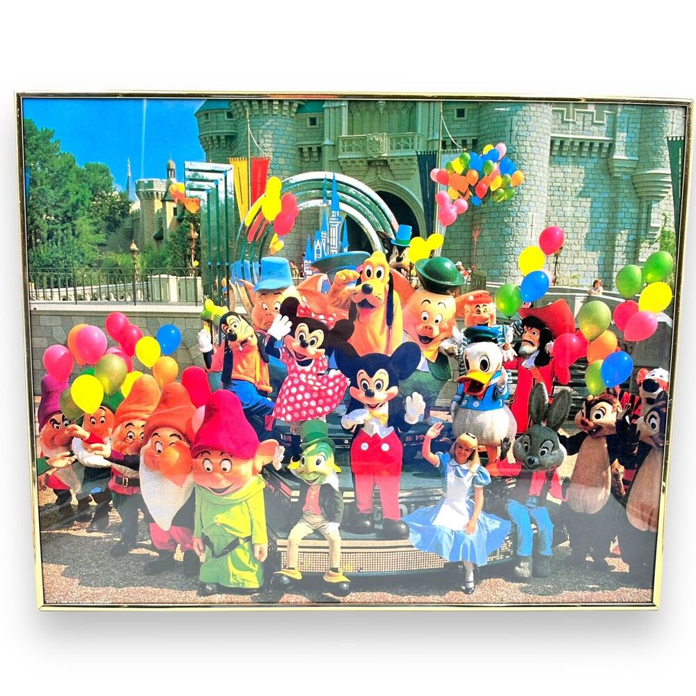 Vintage 80s 90s Mickey Mouse Walt Disney World Framed Poster Retro Souvenirs